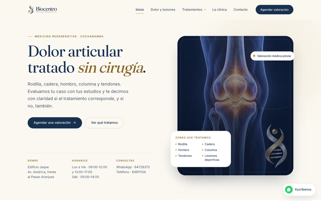 Página de inicio de la web de Biocentro. Título «Dolor articular tratado sin cirugía», botones para agendar una valoración, una ilustración de una rodilla y, al pie, la dirección, los horarios y los teléfonos de contacto.
